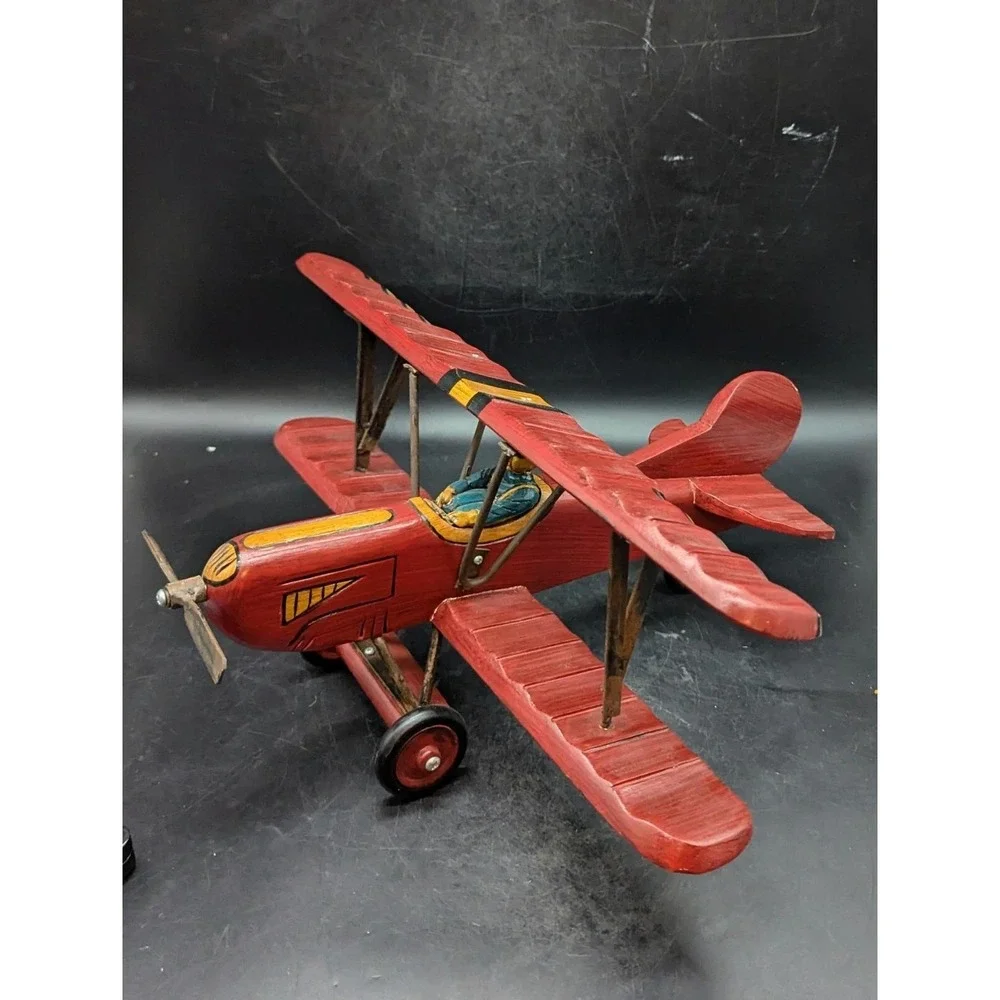 Vintage WWI‎ Wooden Biplane w/Fighter Pilot Airplane Model Primitive Folk Art